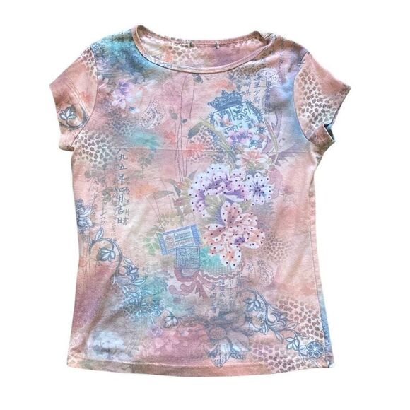 Vtg Y2K Sz Medium Multicolor All Over Asian Print Floral Short Sleeve Graphic T - Picture 1 of 5